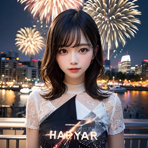 Landscape, illustration, (double exposure effect), unique texture of girl silhouette, festive atmosphere, spectacular fireworks exploding in the night sky, sparkling fireworks, enchanting colors, romantic atmosphere, futuristic skyscrapers, tall buildings,...