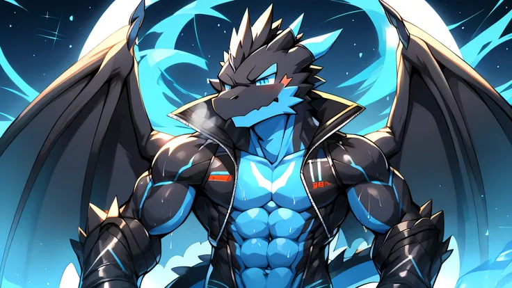 Thin macho　western black dragon　　abs　　　　　Hollow abs　　body suit　　thick arms　　　chest rig　　　、sweaty　　　skin glow　　profile　　Wearily　short of breath　　  　Chemo shota　　
have a 　blue eyes　Tired look jacket