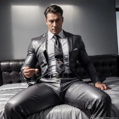 30 years old, the young daddy, very handsome, wear "shiny suit", wear white shirt, very glossy shiny silver dark gray pants, nec...