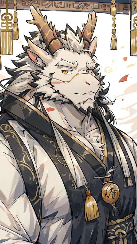 (white eastern dragon),furry,white mustache,big pecs,hearty males,muscular,black imperial robe,naked,adult,traditional_chinese_room,head portrait,hypnosis