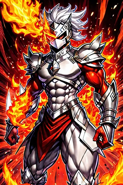 silver male masked warrior overflowing red fire power