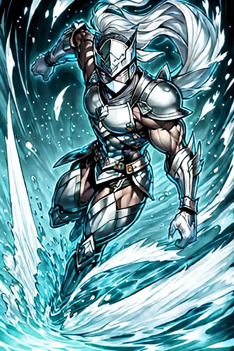 silver male masked warrior overflowing water power