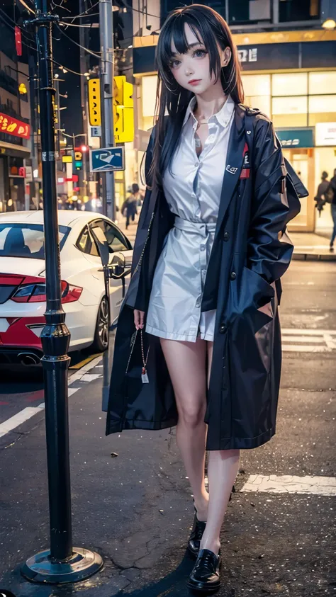 young woman standing on the street, blur the background, beautiful, realistic