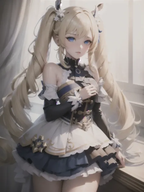 hair ornament, extreme details, twintails, masterpiece, genshin_impact,blue_eyes,blonde_hair,barbara (genshin impact)
