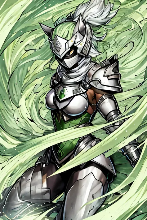 silver female masked warrior overflowing green wind power