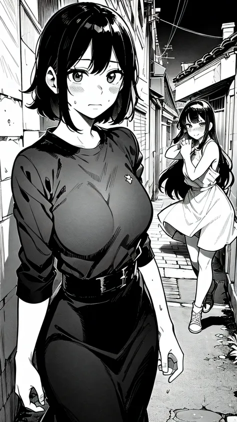 women blushing, old town alley in background, black and white manga image