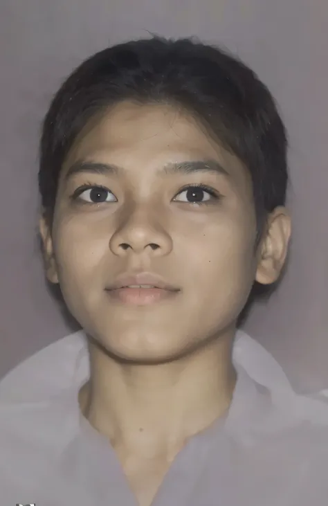 Indonesian boy, 8 years old, similar face, looking forward, short black hair, similar white clothes, similar background, looks very real and natural, hyperrealistic, light lighting