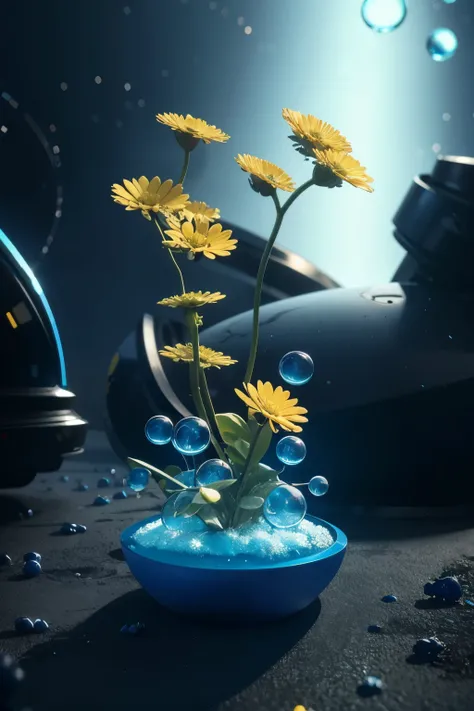 All blue, little yellow drops of ink, futuristic ecosystem cyberpunk with alien flowers and bubbles, 4D, 8K, artwork, flowers, realism, photorealism, 4D emphasis, alien, abstract view, wallet