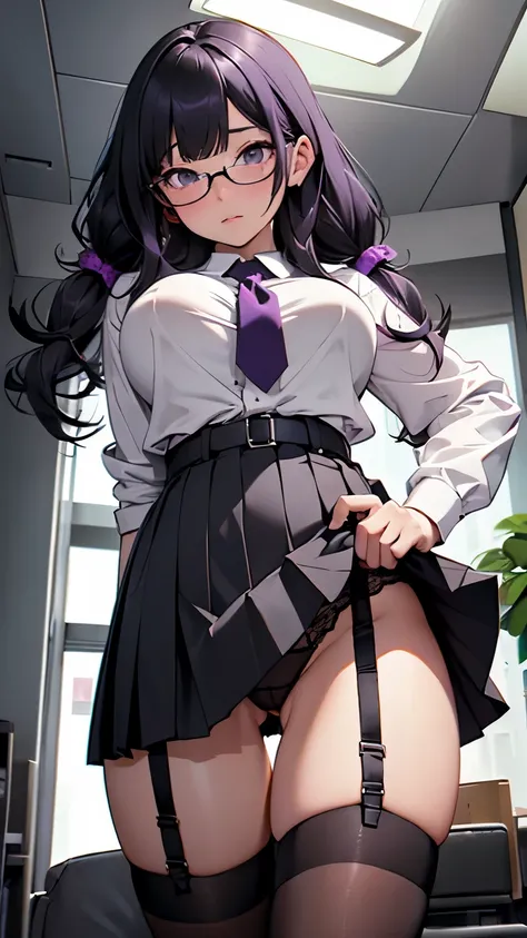 Black hair, twin tails, wavy hair、Girl、Glasses、Huge breasts、glamorous、Thick thighs、Formal Shirt、Purple short tie、(Take off the black pleated skirt:2.0、Purple low rise panties:1.5、Camel toe:1.5、Absolute area、Black knee-high socks and garter belt)、Lying in b...