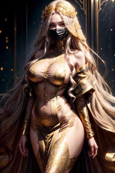 Supermodel with detailed long, curly, flowing hair, Dressed in golden clothes (Translucent and exquisitely embroidered) (Metallic Surgical Mesh Mask) Cover your face, ((mouth is hidden)), wearing strange future fashion,  Luxurious and exquisite gold accent...