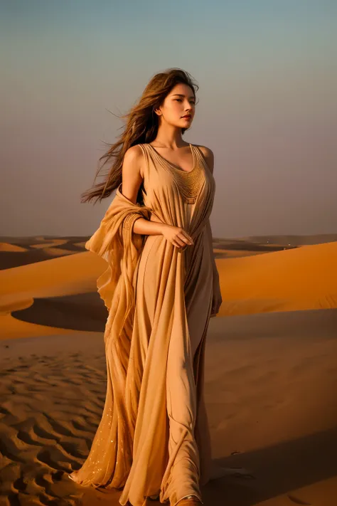 is a mesmerizing artwork that beautifully captures the essence of a dust storm in thedesert. The central figure, a woman with tousled hair in shades of sandy browns, golden yellows, and occasional deep red streaks, is enveloped in the swirling sands, refle...