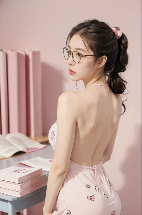 (((best quality))),(((ultra detailed))),(((masterpiece))),illustration,((1 beautiful girl,solo)),(short ponytail:1.2),((slim,thin)),((strapless,bare back,towering hips,butt crack)),(bright curious eyes:1.2), (glasses:1.3),(pink sundress with white Hello Ki...