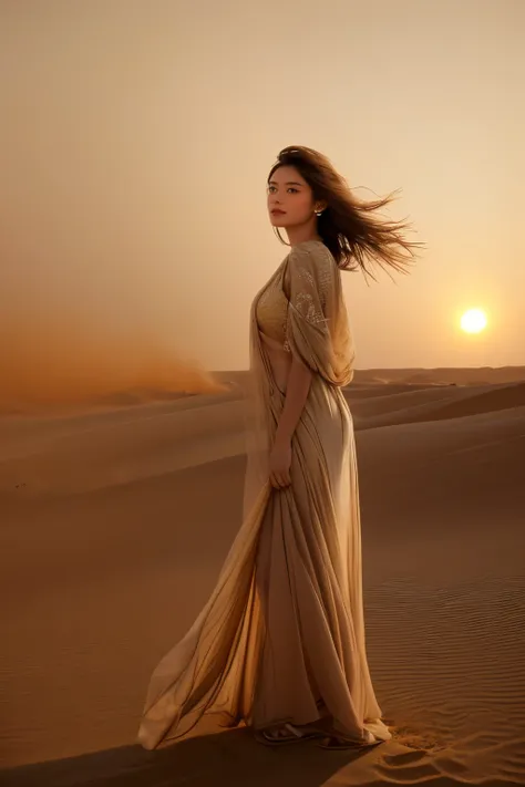 is a mesmerizing artwork that beautifully captures the essence of a dust storm in thedesert. The central figure, a woman with tousled hair in shades of sandy browns, golden yellows, and occasional deep red streaks, is enveloped in the swirling sands, refle...