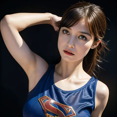 Supergirl, Beautiful Supergirl, 29 years old, Height : 152 CM, Supergirl Trapped in the rubble of a destroyed building burning hot fire, midday, supergirl tanktop costume, hair tied, hair bangs, Supergirl was sweating profusely, Supergirl had wet sweat on ...