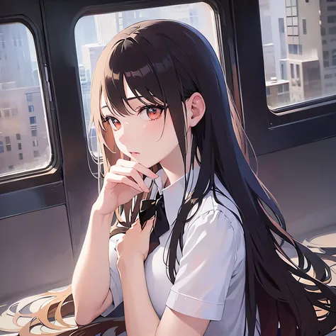 Detailed CG,Ultra-fine illustrations,masterpiece,Highest quality,BREAK(white collared shirt)BREAK,Realistic,Real person,RAW Photos,Realistic(Pale skin:1.2),Glowing Skin,Shiny Hair,(A 27-year-old woman with medium-length hair and bangs)and(Wavy Hair)and(Bro...