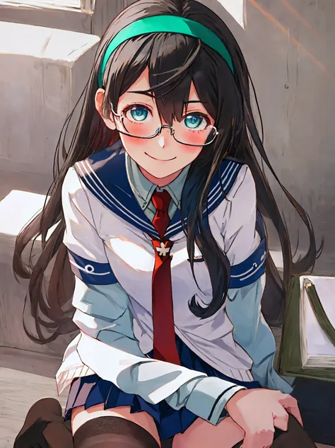 best quality, masterpiece, highres, solo, {ooyodo_kantaicollection:1.15}, black_hair, long_hair, glasses, hairband, semi-rimless_eyewear, under-rim_eyewear, blue_eyes, green_eyes, blush,small_breasts, 1girl, school_uniform, serafuku, pleats_skirt, looking_...