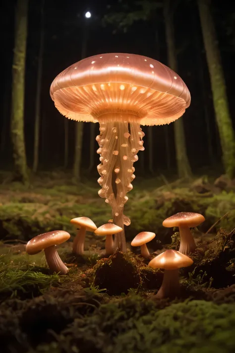 lots of small jellyfish forest with mushrooms glowing in the dark, a forest fantasy in a nature scenery, lots of small jellyfish