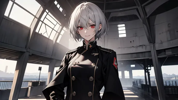 (Confused, High resolution, Very detailed), 1 female, Silver Hair,Short Hair,Bright red eyes,White and black military uniform,24th generation,beauty,mature,thin,quiet,Calm,A small smile,A kind smile,In front of people you like,Long coat,Slender and thin,bo...