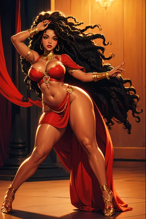 25 year old black woman, curly hair with strands falling in front of the face, intense red lipstick, voluptuous curves, red gypsy clothes with golden details also using typical accessories, in a dance pose