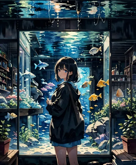 8K,(masterpiece),high resolution,best quality,(ultra-detailed),ultra detailed eyes,(solo girl,watercolor1.3),Mermaid Ears, fishes, large aquarium,wide-shot