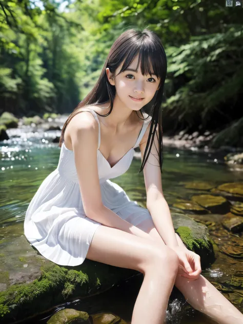 (Close up portrait of slender small-breasted dark silver long hair with swept bangs girl wearing a white summer dress:1.5)、(One girl is splaying with small smile in the clear stream and water fall at the forest in Japan:1.5)、(Summer beautiful blue sky and ...