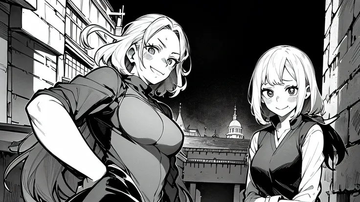 tow women with sword blushing, one woman is little bend with mocking smile, old town alley in background, black and white manga ...