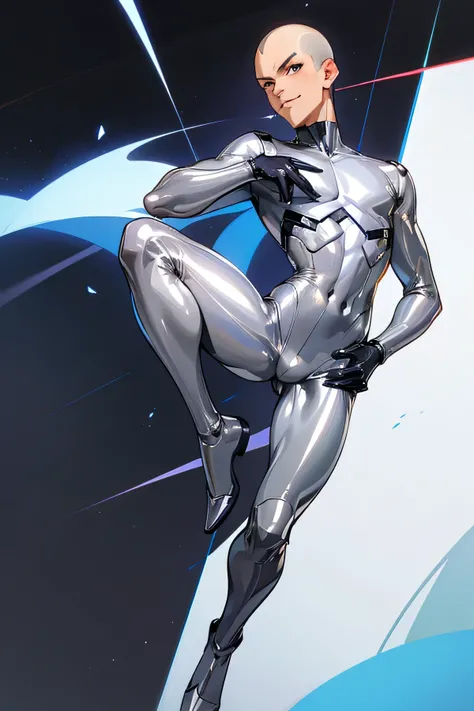 Japanese male handsome model　Black Hair　　Short cut　Shaved head　　　Slim figure　　　　smile　looking at the camera　Shiny full-body silver suit　　　Shiny silver latex suit　From the chest up　up　