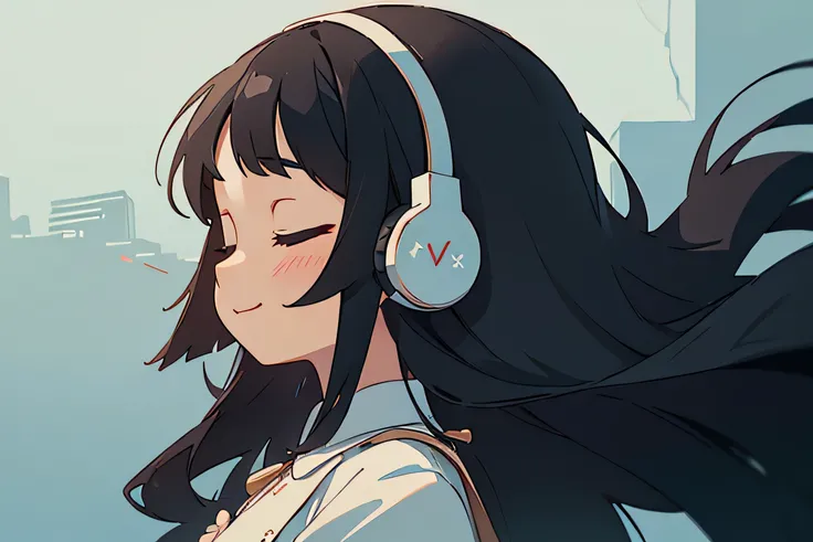 (((masterpiece))), Highest quality, Highest quality, Attention to detail, 、Girl、Long Black Hair、Gentle smile、Eyes closed、Mouth closed、White dress、profile、headphone