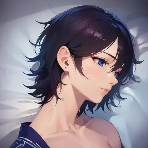 (25-year-old male:1.5) and(Black short hair) and (blue eyes), masterpiece、Highest quality、profile、（alone:1.5）
(Blue) and (yukata),Bad mood、closed eyes,Sleeping on a futon、night、The background is a Japanese-style bedroom