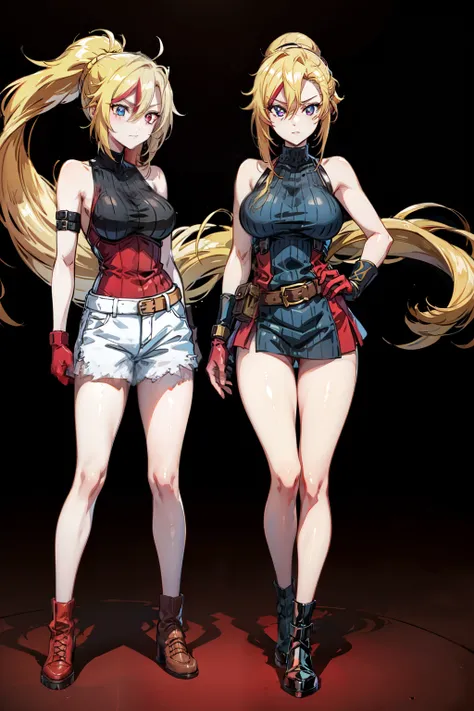 (masterpiece, best quality:1.2), red glowing eyes, red eyes, the eyes are red, perfect face, , strong make up, highres, 1 girl, solo, ultra long ponytail, (female:1.5), strife, blonde hair, shoulder armor, sleeveless turtleneck, suspenders, belt, gloves, b...