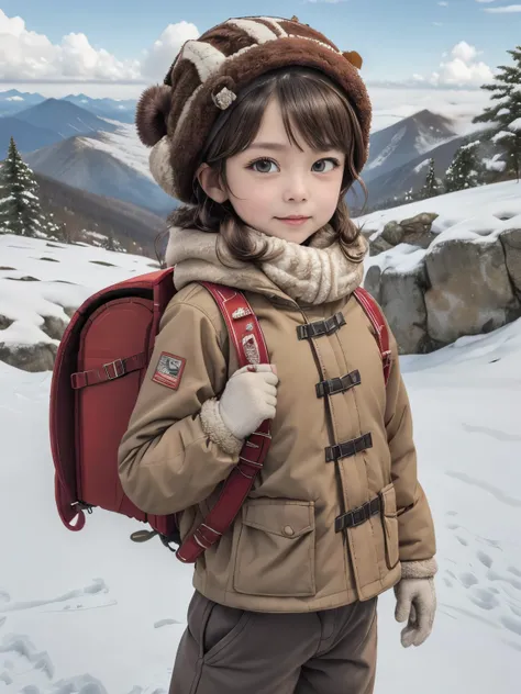 masterpiece, best quality, highres, 1girl, , 8 y.o, solo, brown hair, medium hair, brown eyes, mole under eye, cowboy shot, adventure, hiking, wearing winter headcap, wear winter jacket, thick jacket, (jacket:1.2), trousers, gloves, (trousers:1.2), outdoor...