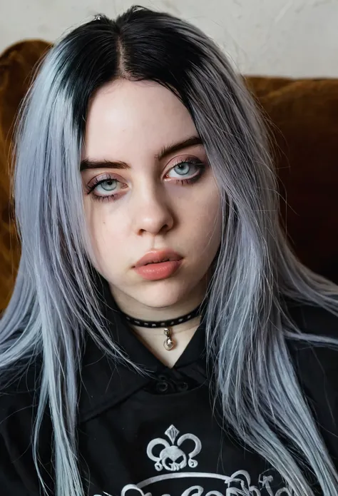 18 year old goth girl, exuberant beauty, skin fair, big boobies, bangss, similar to Billie Eilish, cabelo com bangss, realisitic, ultra realisitic, detailded