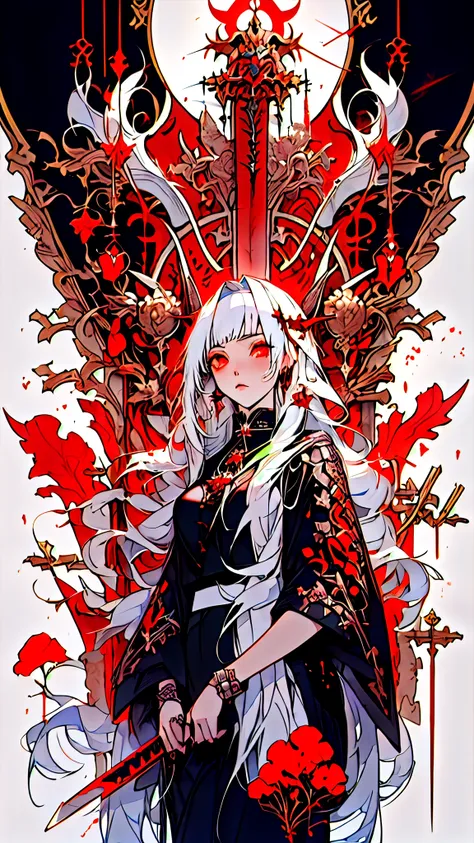 anime girl with a sword and blood splattered around her, gothic maiden anime girl, anime fantasy artwork, white haired deity, an...