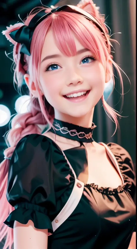 (very detailed), cute princess dress in black,(ruffle dress),(short sleeve),blue eyes,upper part of the body、closeup、faces、(smile:1.5),(facing forward:1.2), 20 years old, 십대 girl,no tail,(no tail),2d, masterpiece, top quality, and soul,band group vocals, c...