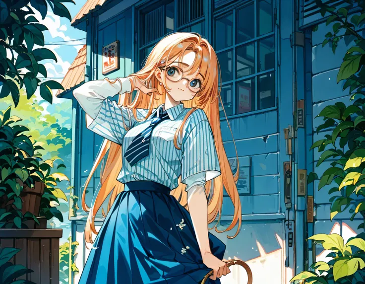  sticking to shirt、Her breasts are visible through her blue and white striped shirt、Blue flared skirt、Lifting her skirt to reveal blue and white stripes々Show off cute underwear、Long haired girl wearing glasses