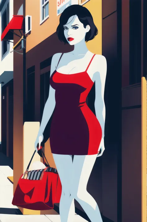 favre, illustration, fashion, girl, cleavage, sexy dress, minimalist, flat color , A Female with bob black hair with blue eyes and Red lips, bare shoulders, red dress, taut dress, spaghetti strap red dress, sleeveless, medium breast, standing up against a ...