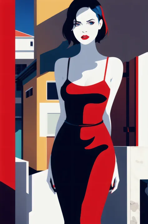 favre, illustration, fashion, girl, cleavage, sexy dress, minimalist, flat color , a female with bob black hair with blue eyes a...