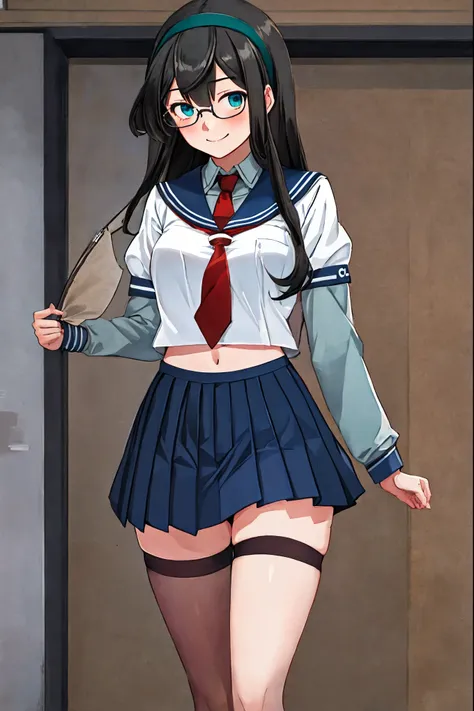 best quality, masterpiece, highres, solo, {ooyodo_kantaicollection:1.15}, black_hair, long_hair, glasses, hairband, semi-rimless_eyewear, under-rim_eyewear, blue_eyes, green_eyes, blush,small_breasts, 1girl, school_uniform, serafuku, pleats_skirt, looking_...