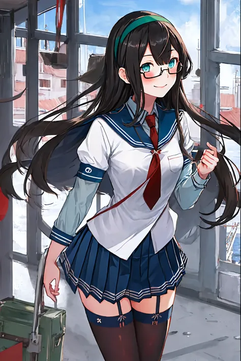 best quality, masterpiece, highres, solo, {ooyodo_kantaicollection:1.15}, black_hair, long_hair, glasses, hairband, semi-rimless_eyewear, under-rim_eyewear, blue_eyes, green_eyes, blush,small_breasts, 1girl, school_uniform, serafuku, pleats_skirt, looking_...
