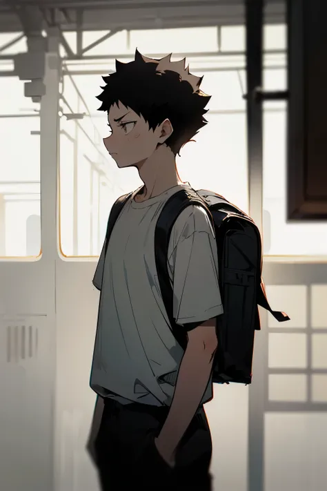 masterpiece, cinematic lighting, one man standing in train station, subway, upper body, iwaizumi, black hair, short hair, wistful expression, sad, ((sad feeling)), nostalgic feeling, plain white t shirt, black backpack, black pants, he is missing childhood...