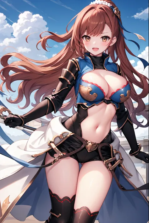 masterpiece, best quality, 1teen_girl,def,beatrix, ponytail, hair ribbon, gauntlets, blue shirt, gloves, cleavage cutout, looking at viewer, big_smile, large breasts, sky_landscape_background ,,happy,covered_nipples,young_teen,full_of_beans,,laugh,blush,op...