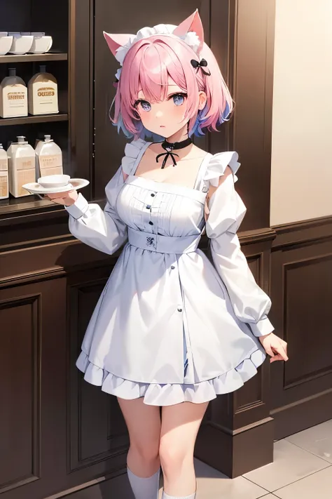 One girl、White and light blue maid clothes、Hair color: Short cut、Her hair color is pink.、Wearing cat ears、White knee-high socks、Black Loafers、Stylish cafe、Carrying coffee、Black choker、F cup bust