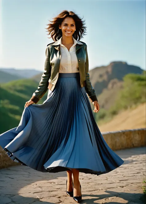 Halle Berry is A smiling, authentic, (shy:1,3), kind, beautiful woman, passionately in love with her skirt, wind wildly lifts her skirt, wearing uniform jacket and very, very detailed (long (fully pleated) full circle skirt) and (low heeled court shoes), v...