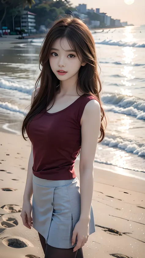 ulzzang-6500-v1.1, (RAW Photos:1.2), (Photorealistic), (Genuine:1.4), １girl、Perfect Anatomy、20 years old、Looking at the camera、Medium Long Hair、red T-shirt, skirt, ((on the beach at sunset :1.1))、(Ultra-realistic pantyhose:1.2), (Business services)、Asian E...