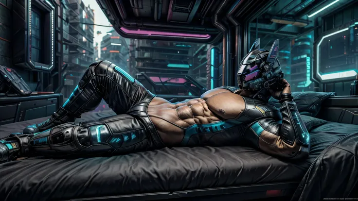 male, (muscular, full nude, only Glowing cyberpunk future helmet, business suit,)  realistic, Bedroom, lying bed,