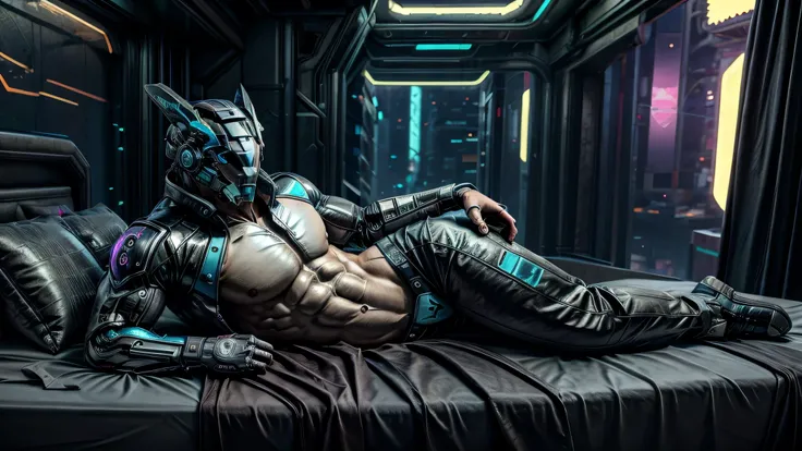 male, (muscular, full nude, only Glowing cyberpunk future helmet, business suit,)  realistic, Bedroom, lying bed, Putting the sheets on