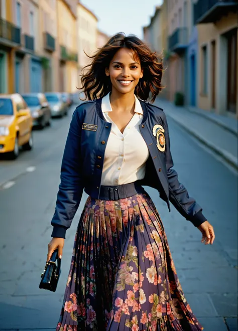 Halle Berry is A smiling, authentic, (shy:1,3), kind, beautiful woman, passionately in love with her skirt, wind wildly lifts her skirt, wearing uniform jacket and very, very detailed (long (fully pleated) full circle skirt) and (low heeled court shoes), v...