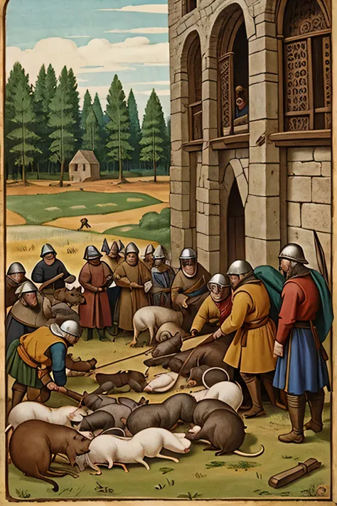 create a medieval image of rats being slaughtered by men of the middle ages