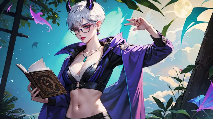 8k, masterpiece, best quality, highly detailed, 1 girl, tiefling, warlock, pixie cut, multicolored hair, very short straight hair green highlight hair on white hair, strippled hair, wearing glasses, round glasses, sexy, earrings, navel piercing, red eyesha...