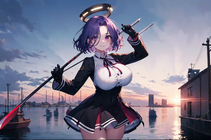 masterpiece, best quality, highres, mechanical halo, (gigantic_breasts:1.2), black dress, neck ribbon, long sleeves, black gloves, outdoors, cowboy shot, standing, holding weapon, polearm,smile,,harbor_town_landscape,purple_halfeyes,(scornful eye:1.4)